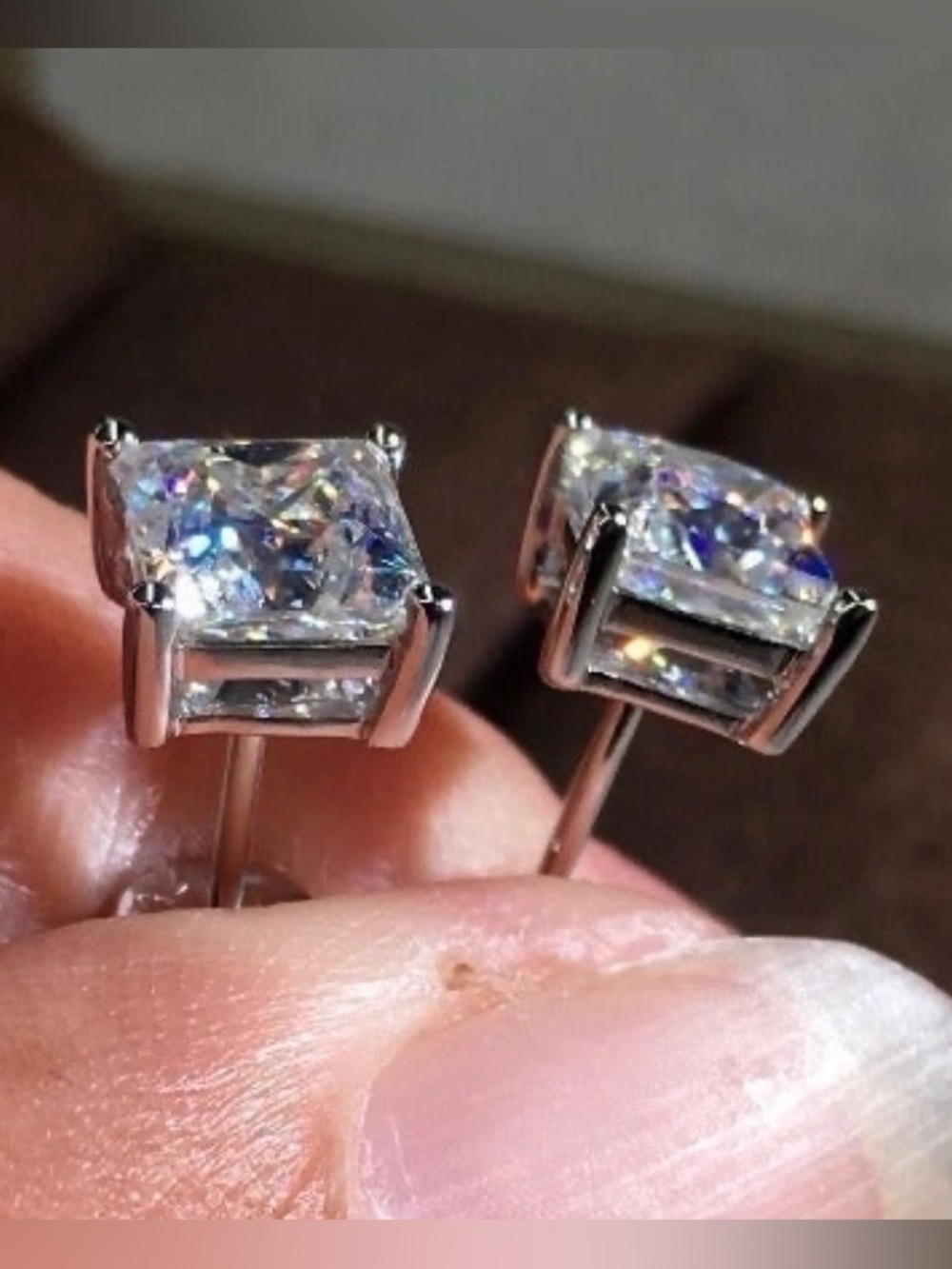 Silver Diamond Princess Cut Stud Earrings